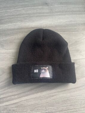 Black Knit Beanie Hat with 'NO' Cat Patch Y2K Grumpy Cat